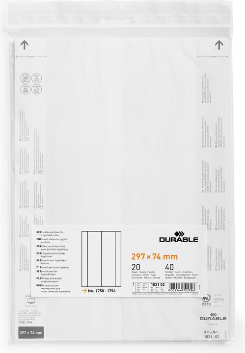 Actual product image Durable Insertable labels 297 x 74 mm for label pockets, 40 labels on A4 sheets, white, 103102
