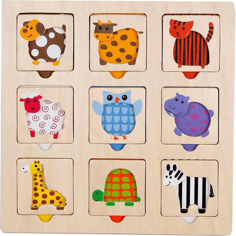 Holzeinlegepuzzle „Finde das Tier anhand der Farbe“, 9-tlg.