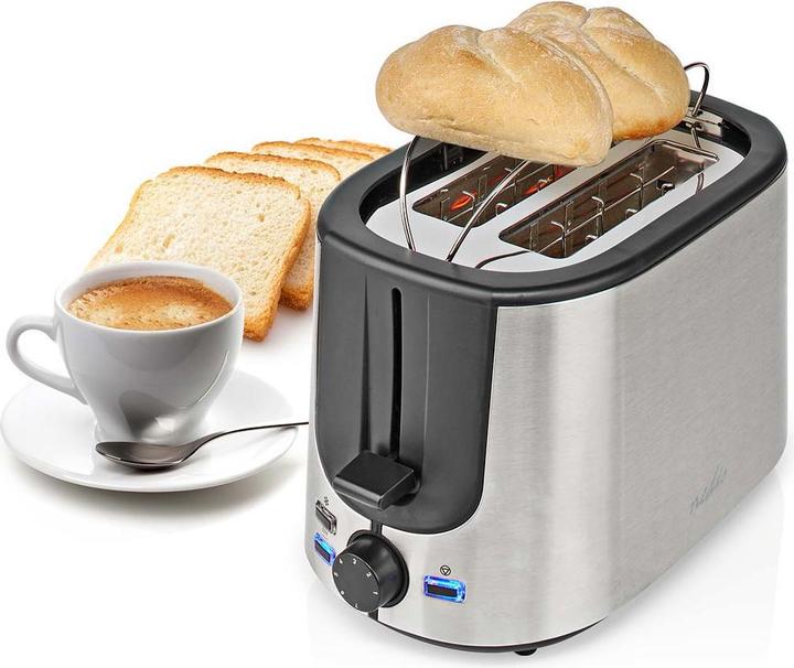 Produktbild Nedis Toaster Edelstahl Serie 2 Steckplätze Bräunungsstufen: 7 Auftaufunktion Brötchenaufsatz Alumin