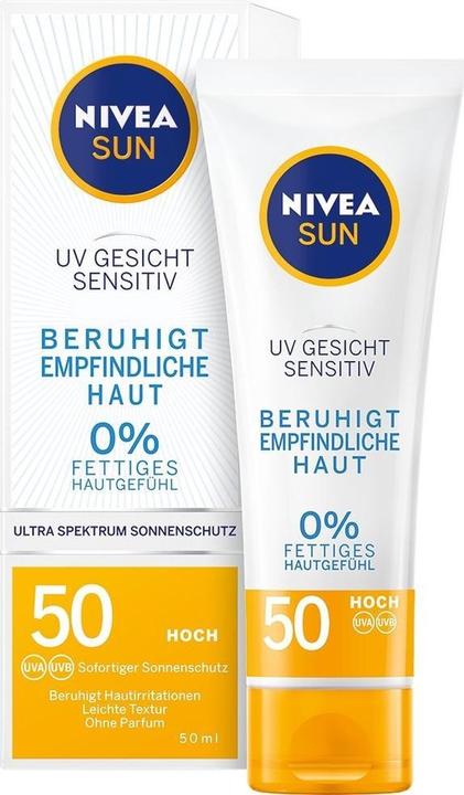 Actual product image NIVEA Sun, face cream, soothes irritation, SPF 50+, 50 ml (Suntan cream, SPF 50, 50 ml)