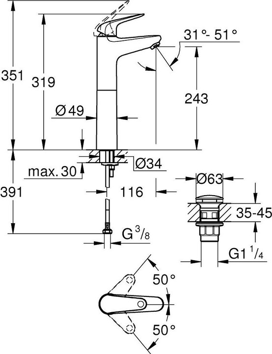 Image du produit Grohe Swift QuickFix Robinet pour lavabo, XL-Size, outil 3 en 1, vidage Push-Open, économie d'eau, chromé