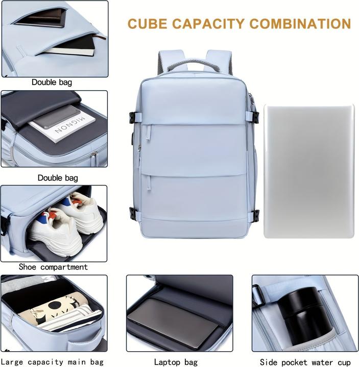 Actual product image PhoneLook Reiserucksack für Flugreisen mit Laptop- und Schuhfach sowie USB-Anschluss Hellblau