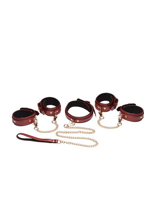 Productafbeelding Master Series 6-Delige Bourgondische Bondage Set Bourgondische Boeien, Halsband en Leiband - Bourgondisch