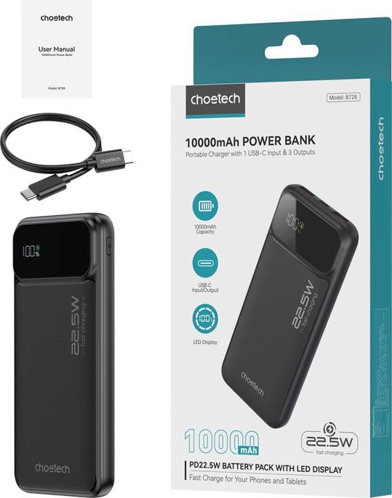 Image du produit Choetech Powerbank B728 10000mAh 22.5W PD USB-A / USB-C - noir (10000 mAh, 22.50 W, 22.50 Wh)