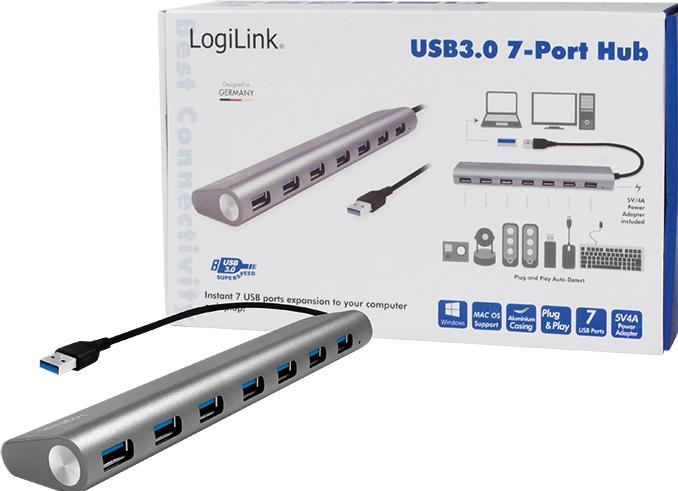 Actual product image LogiLink UA0308 - USB 3.0 hub, 7 port with card reader, aluminium casing, pilkas (USB-A, 7 ports)