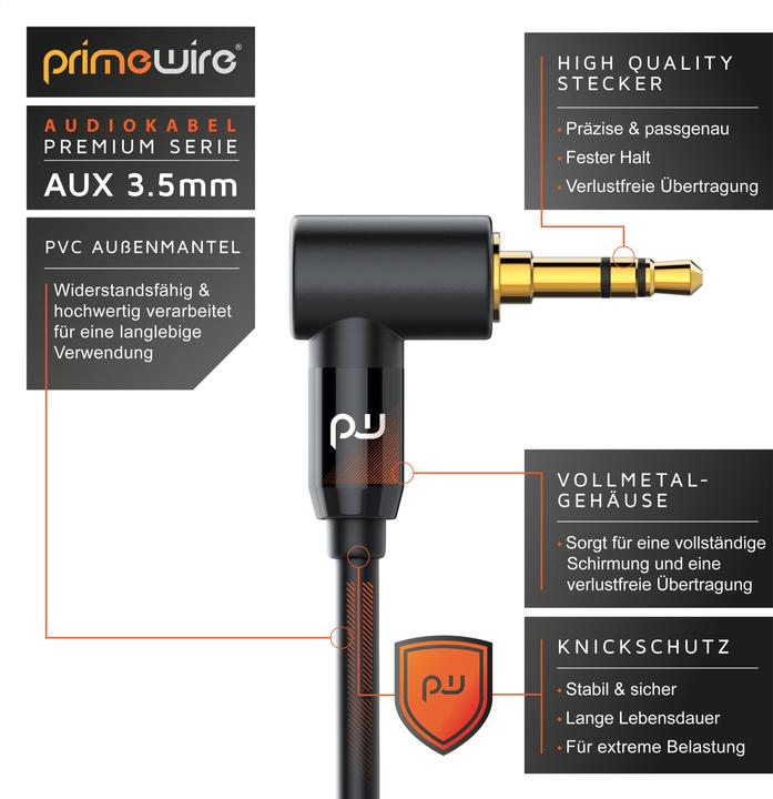 Image du produit Primewire AUX to 3.5mm Jack Audio Cable 90° Angled, HiFi Jack Cable Connection Cable for Audio Devices (2 m, Jack 3,5 mm (AUX))