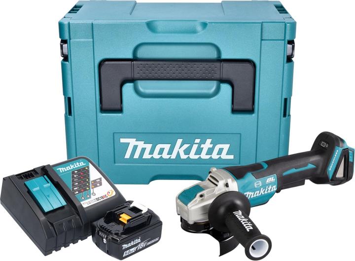 1x smerigliatrice angolare a batteria Makita DGA 520, 1x impugnatura laterale 36 cpl. (158237-4), 1x coperchio di protezione 125 mm (347618-9), 1x batteria ricaricabile Makita BL 1850 B 18 V 5.0 Ah, 1x caricabatterie Makita DC 18 RC, 1x valigetta Makita Makpac