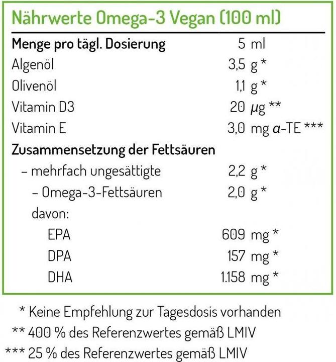 Nährwerte und Zutaten Norsan Omega3 vegan (1 Stk., Flüssigkeit, 100 ml)
