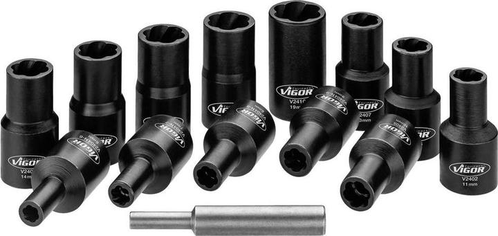 Produktbild Vigor Spiralnutenausdreher-Einsatz Satz ∙ V2404N ∙ 1/2 Zoll (12,5 mm) Vierkant∙ Aussen Schraubenausd… (19 mm, 6 mm, 12 mm, 14 mm, 16 mm, 10  mm, 18 mm, 7 mm, 17 mm, 11 mm, 15 mm, 8 mm, 9 mm, 13 mm)
