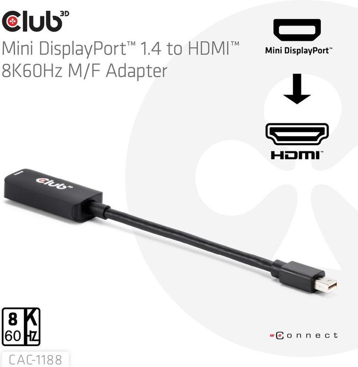 Produktbild Club 3D Mini DisplayPort™ 1.4 to HDMI™ 8K60Hz M/F Adapter (HDMI, 4.80 cm)