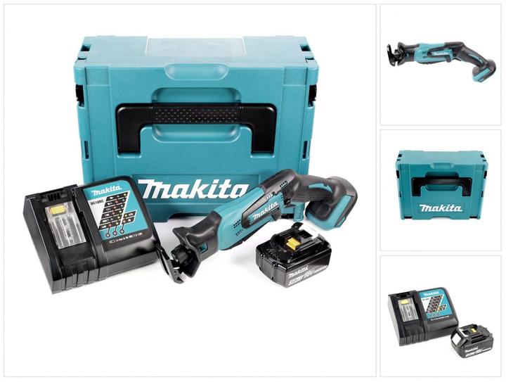 1x operating instructions, 1x Makita DC 18 RC charger, 1x Makita DJR 183 18V Li-ion cordless reciprocating saw, 2x Makita saw blade, 1x Makpac size 2 system case with matching insert, 1x Makita BL 1830 B 18V - 3Ah Li-Ion AKKU 194204-5