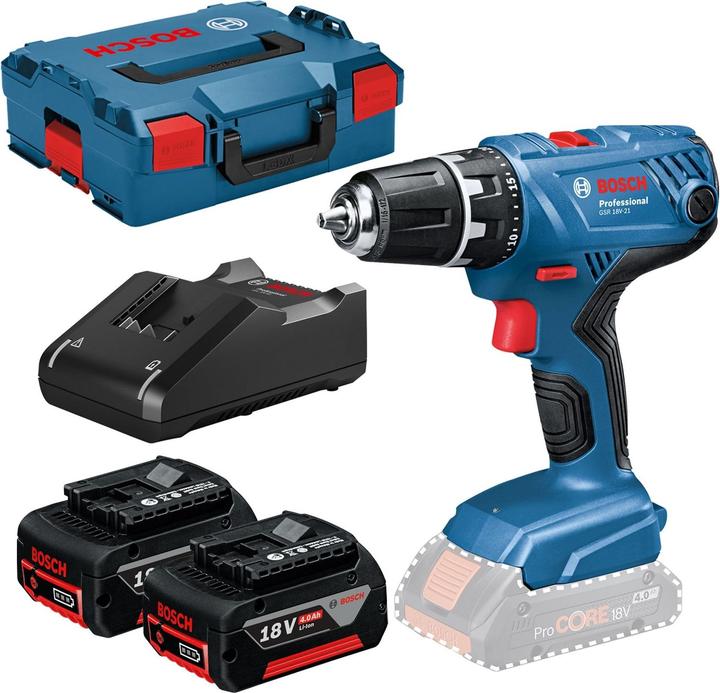 Bosch Hausgeräte Akku-Bohrschrauber GSR 18V-21 / 2x 4,0 Ah Akku + Ladegerät in L