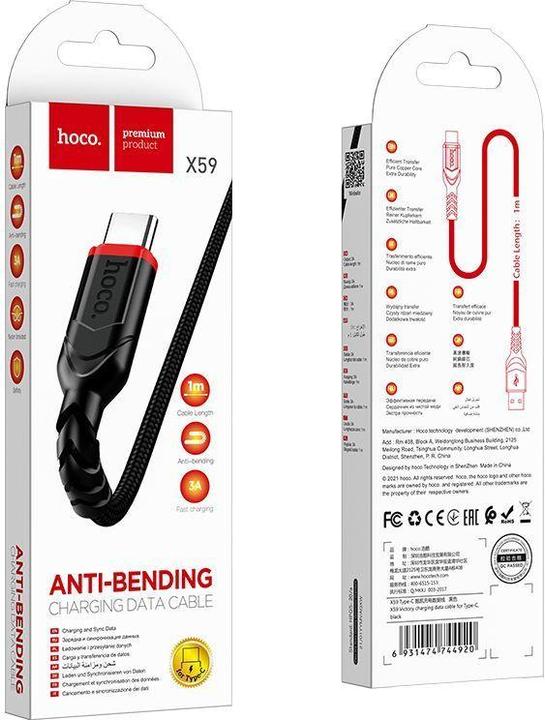 Immagine prodotto Hoco - Data Cable Victory (X59) - USB-A to USB Type-C, 12W, 2.4A, 1.0m - Black (1 m, 12 W)