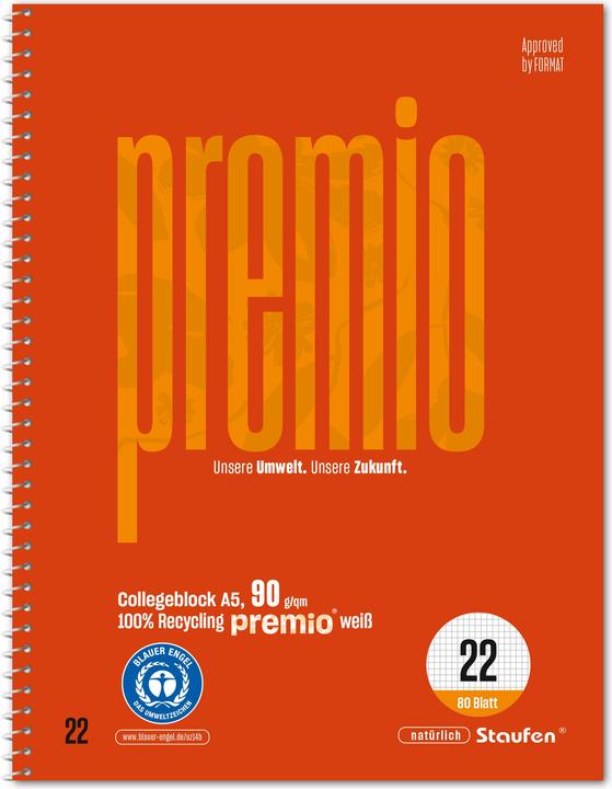 Actual product image Staufen Premio college pad, spiral binding, 90 gsm, DIN A5, chequered, 80 sheets (A5, Checked)