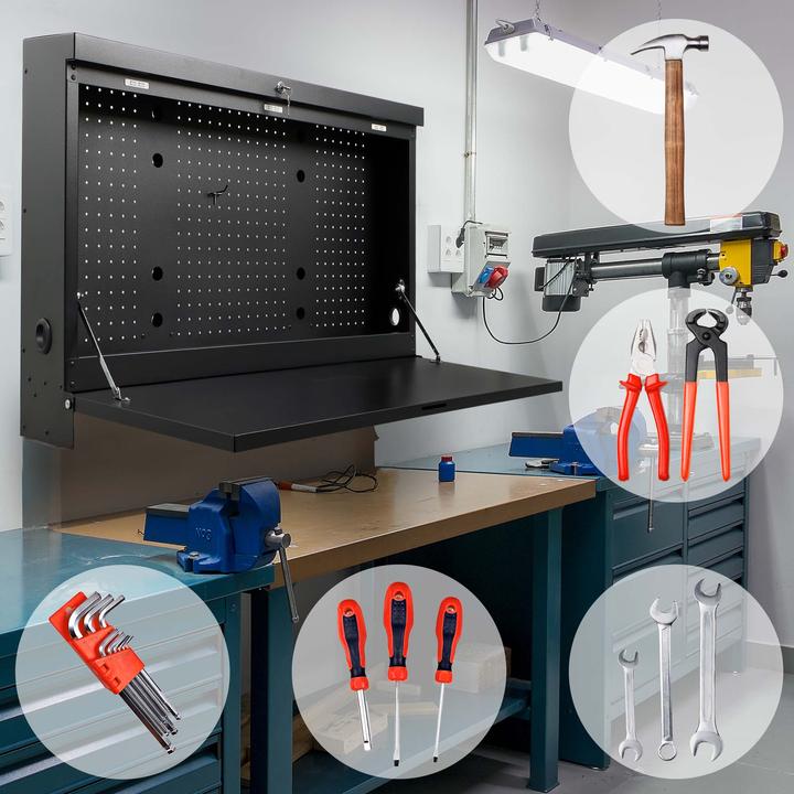 Image du produit Wiltec Établi mural pliant 912x200x610mm 50kg max Acier Verrouillable Accrochage (69 cm, 91.20 cm)