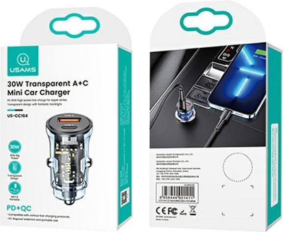 Actual product image Usams 30W Transparent USB-A + USB-C Mini Car Charger