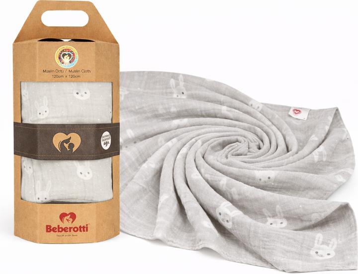 Beberotti Organic Muslin Swaddle Blanket Grey/Rabbit (120 cm, 120 cm)