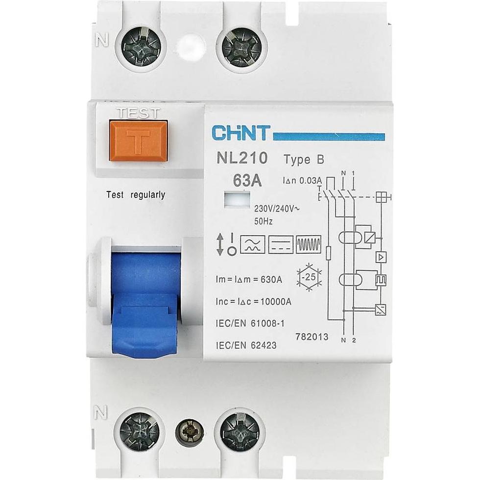 Chint 782016 NL210 1PN 63A 100mA B 10kA FI-Schutzschalter B/10 kA 1polig 63A 0.1A 240V, Relais