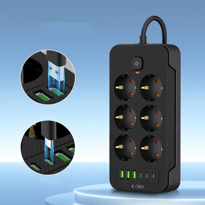 Actual product image Tech-Protect PC6X6 Power Strip 6 Sockets 240V + 3xUSB-A + 3xUSB-C 200cm - Black (3 x, USB-A, USB-C, 2 m)