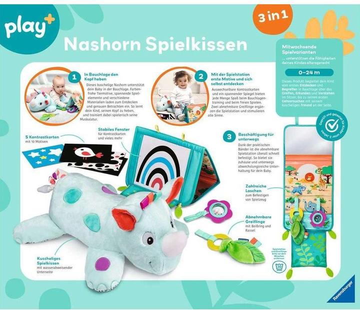 Actual product image Ravensburger 4866 play+ rhino play cushion (for prone position), 4-piece set, Tummy Time