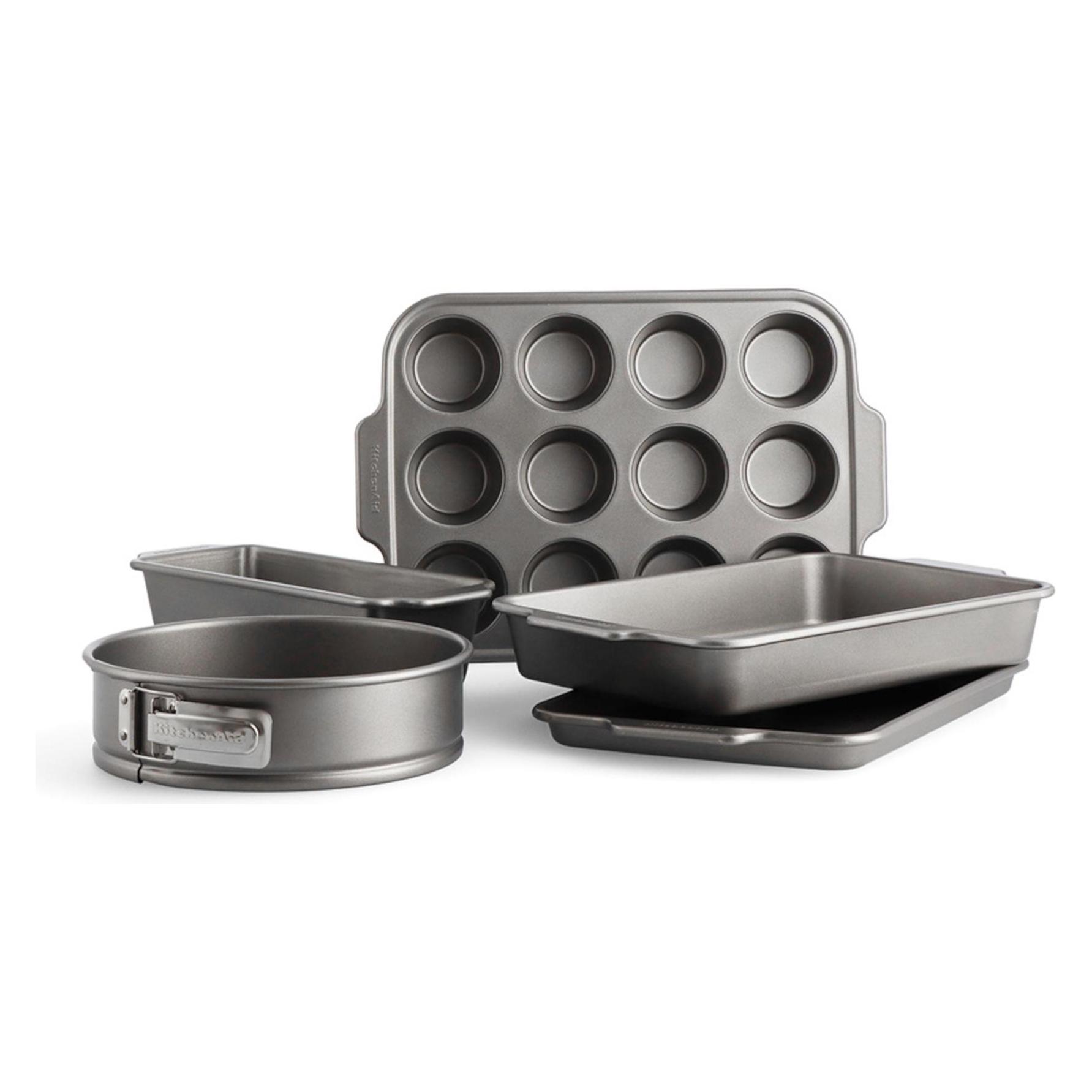 KitchenAid 5pc Set , Loafpan, Cakeform, Cookie Sheet, Muffinpan 12pcs, Springform 24cm, Bakblik, Zilver