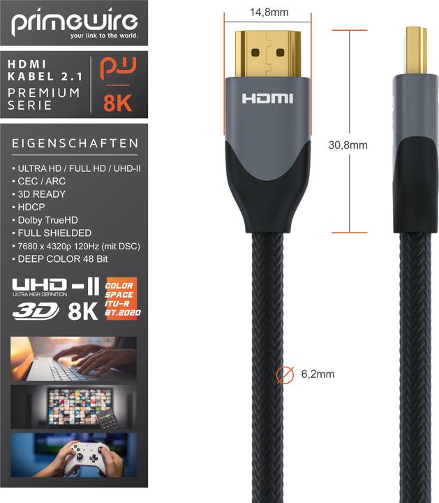 Immagine prodotto Primewire Cavo HDMI 2.1, Tipo A, 8K, Premium, rivestimento in nylon, 7680 x 4320 @ 120 Hz - 4k@ 240 Hz con DSC (3 m, HDMI, 2.1)