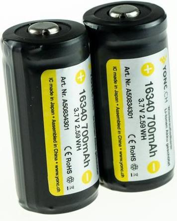 Actual product image Yonc RCR123A 16340 Li-Ion battery with 700 mAh 2 pcs.