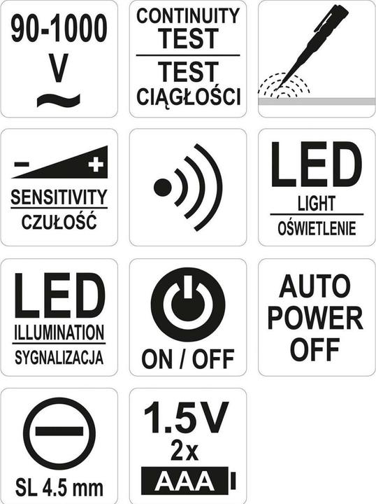 Immagine prodotto Yato Tester professionale di tensione senza contatto/tester di fase con LED, cicalino acustico e torcia