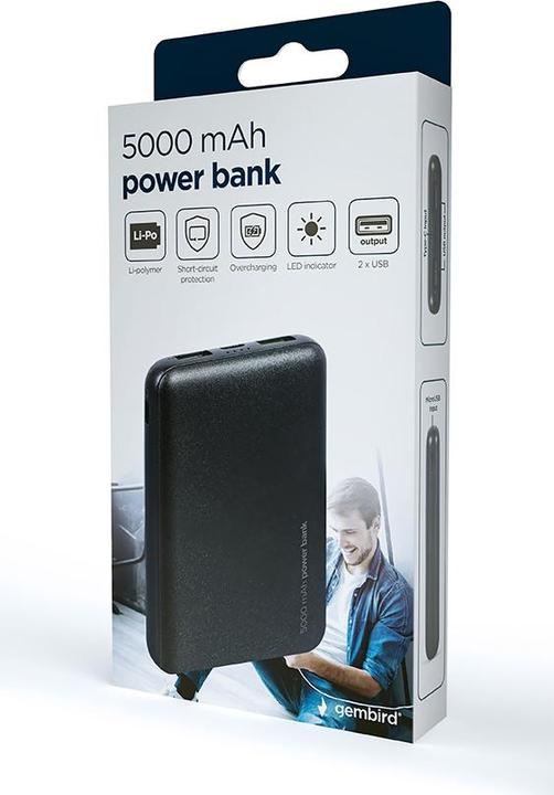 Produktbild Gembird PB05-02 5000mAh power bank black (5000 mAh, 12 W, 18.50 Wh)