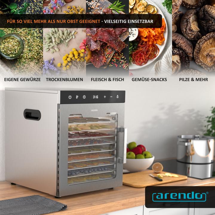 Actual product image Arendo Dörrautomat Edelstahl, Temperaturregler von 30° bis 90 °C, Dörrgerät, Dehydrator 800 W, 12 Etagen