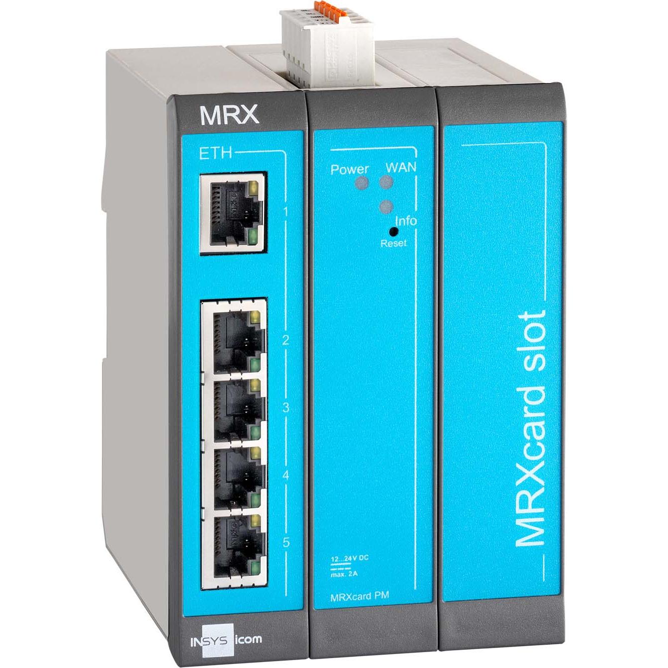 Thumbnail - Insys icom MRX3 LAN, modularer-LAN-LAN-Router, VPN 5xEthernet 10/100BT 2xdig.Ein MRcard-Slots:1xfrei, Router, Blau