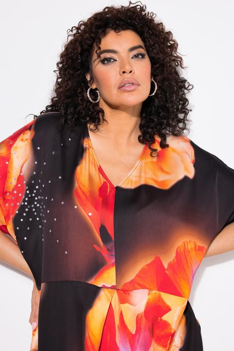 Immagine prodotto Ulla Popken Caffettano di raso con fiori, brillantini, scollo a V e mezze maniche (42, 44, 46, 48)