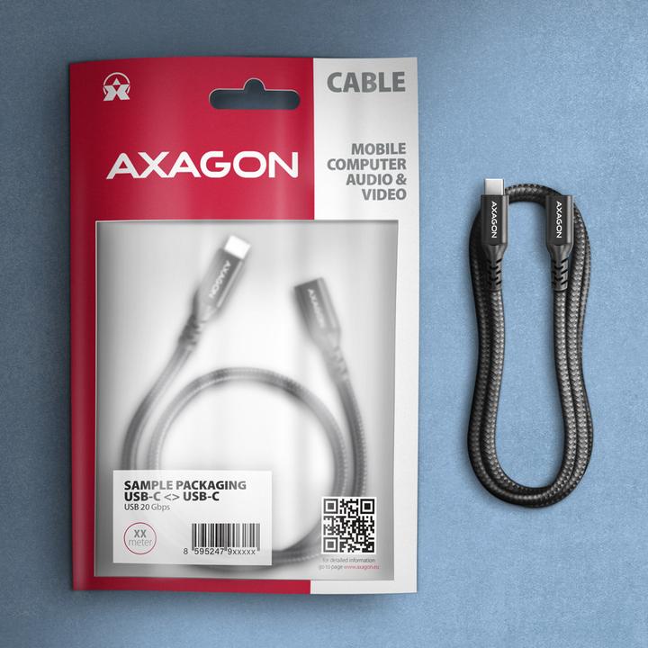 Actual product image Axagon BUCM32-CF10AB Kabelis Extension Cable Gen2 USB-C - USB-C, 1 m, 5 A, 20 Gbit (1 m, USB 3.2 Gen 2x2, 240 W)