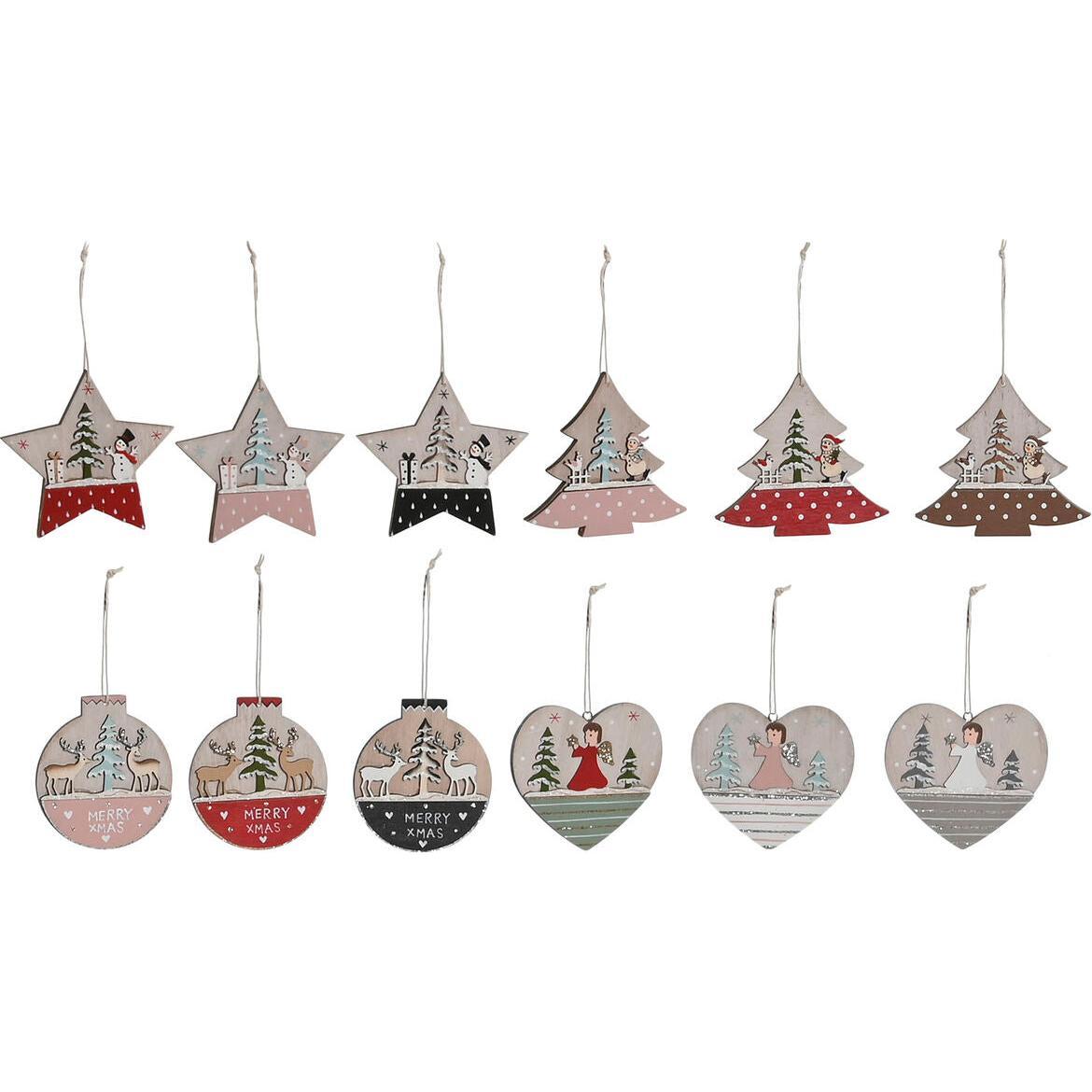 DKD Home Decor, Decorazioni per albero di Natale, Dekoration zum Aufhängen Rot Rosa Holz 23 x 1,5 x 9 cm (6 Stücke) (4 Stück) (6x)