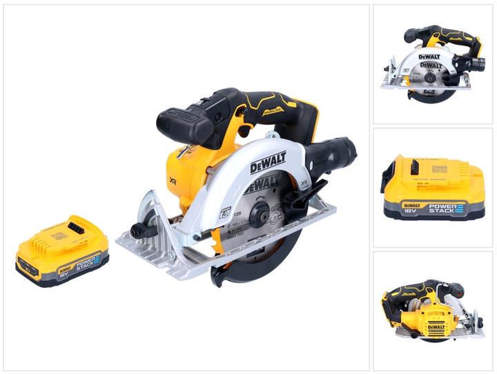 1x DeWalt DCS 565 cordless portable circular saw, 1x saw blade, 1x rip fence, 1x dust extraction adapter, 1x DeWalt DCBP 034 18 V 1.7 Ah Powerstack battery