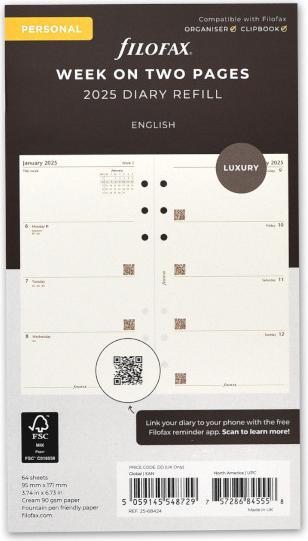 Actual product image Filofax Insert Personal Calendar 7 days on 2 pages English