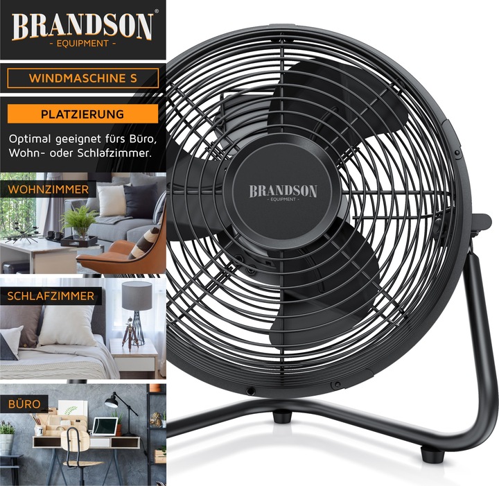 Produktbild Brandson Windmaschine 23,5cm Ø, Bodenventilator, Metall, neigbarerer Ventilator-Kopf, Lüfter, schwarz (55 dB)