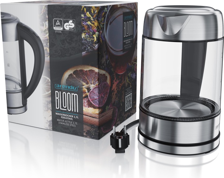 Actual product image Arendo Kettle 1.7 l, 2200 W, stainless steel with glass body, temperature selection 40°C - 100°C, boiling (1.70 l)