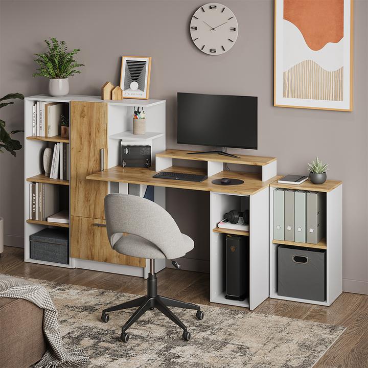 Produktbild Vicco Schreibtisch Tomy, Weiss/Goldkraft Eiche, 150 x 59 cm 5er Set (150 x 59 x 120 cm)