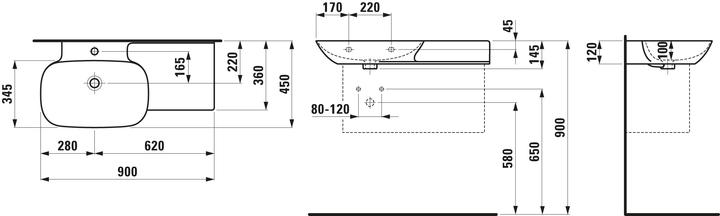 Produktbild Laufen INO Waschtisch, ohne Hahnloch, mit Überlauf, Keramikablage rechts, 900x450mm, H813302 (50 mm, 900 mm)