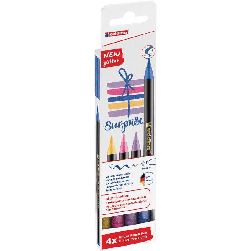 Edding 1340 glitzer Pinselstift 4er-Set sortiert (Blau Glitzer, Pink Glitzer, lila glitzer und ockergelb glitzer, 4 x) (1340-4-3)