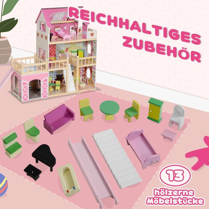 Produktbild Fasnacht Rosa Puppenhaus mit 3 Etagen 13 Möbelstücke aus MDF Holz 114x32x92cm