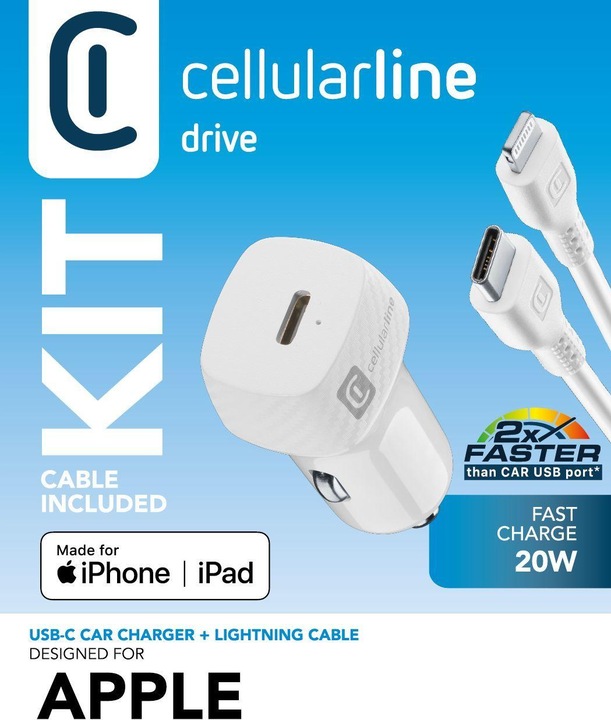 Image du produit Cellularline USB-C Car Charger Kit 20W - USB-C to Lightning - iPhone 8 or later