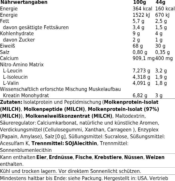 Valeurs nutritives et ingrédients Muscle Tech Nitro Tech Performance (Vanille, 1 pcs, 1800 g)