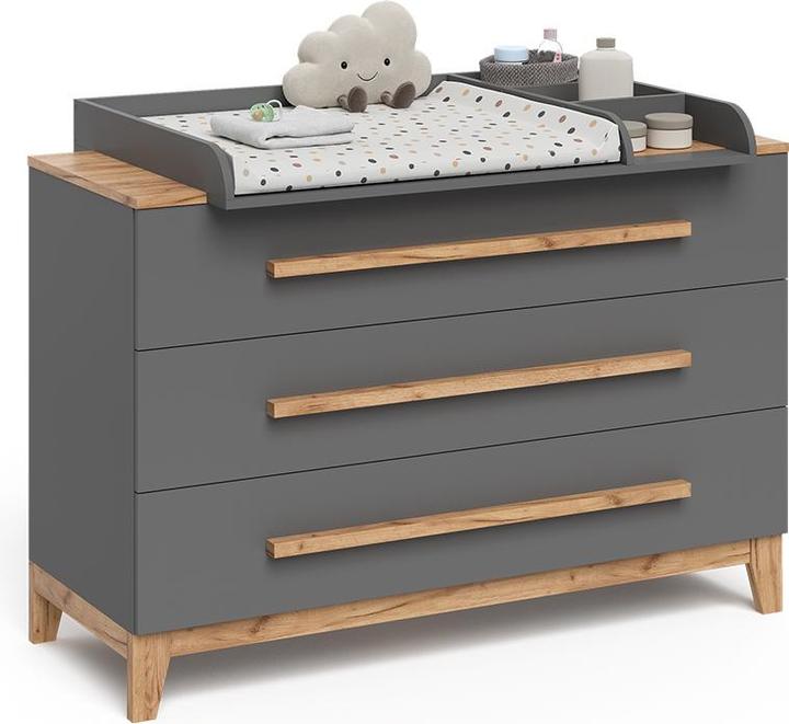 Produktbild VitaliSpa Wickelkommode Malia, Grau/Artisan/Artisan, 133.2 x 98 cm mit 3 Schubladen