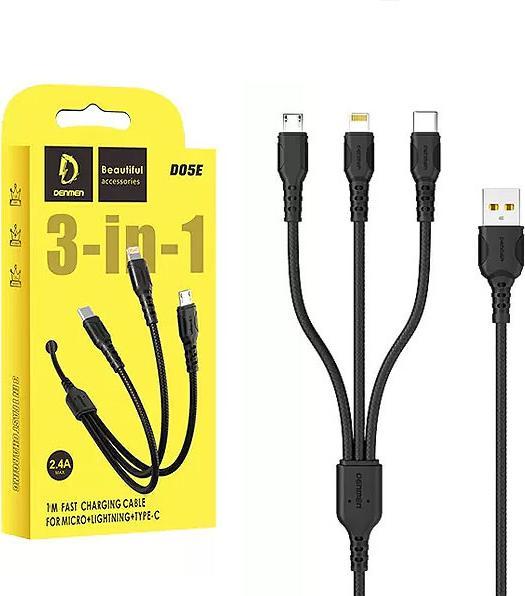 Actual product image Denmen 3IN1 USB CABLE 2.4A BLACK 1M D05E TYPE-C / MICRO / IPHONE (1 m)
