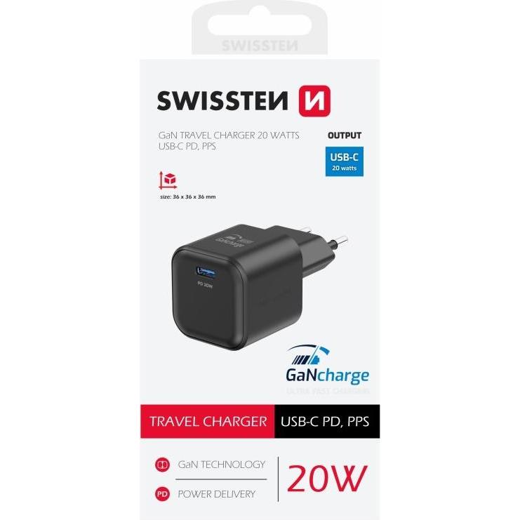 Thumbnail - Swissten Travel Charger Gan 1X USB-C 20W Power Delivery Black (20 W), USB Ladegerät, Schwarz