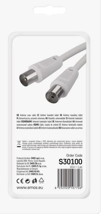Productafbeelding Emos Antenne coaxkabel, afgeschermd 1,25 m - rechte stekker (Antennekabel)