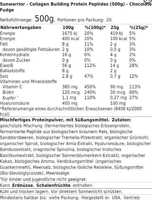 Nutritional values and ingredients Sunwarrior Collagen Building Protein Peptides (1 Piece, Powder, 500 g)