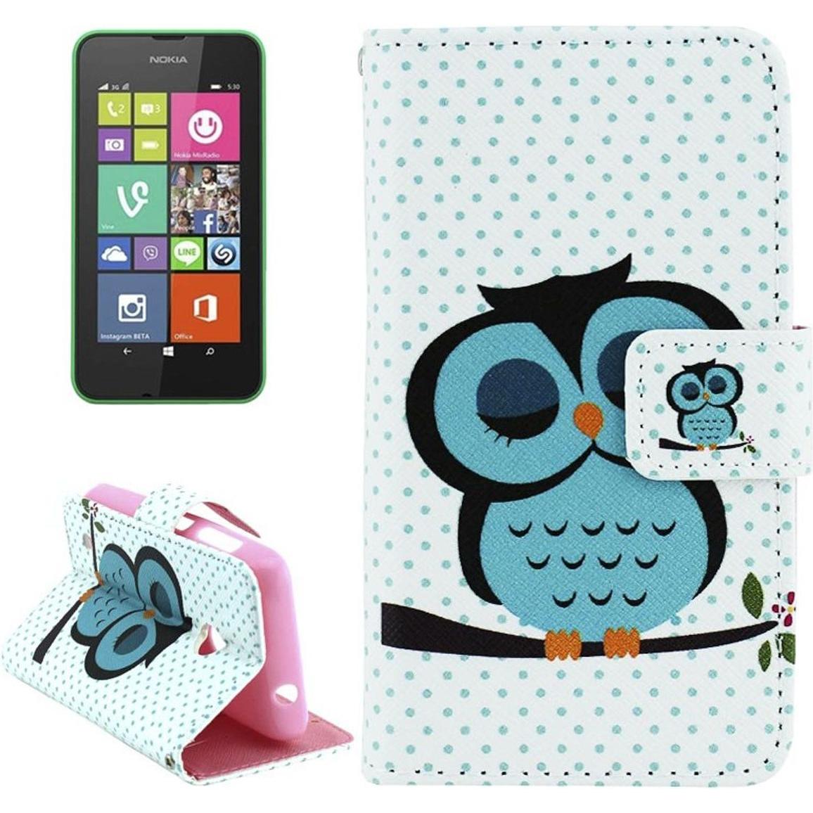 König Design Schutzhülle Handytasche (Flip Quer) für Handy Nokia Lumia 530 Dicke Eule auf Ast (Nokia Lumia 530), Smartph...